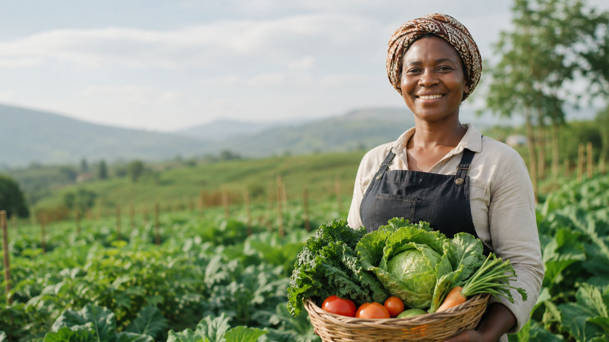 Illustrative farmer in a green agricultural landscape